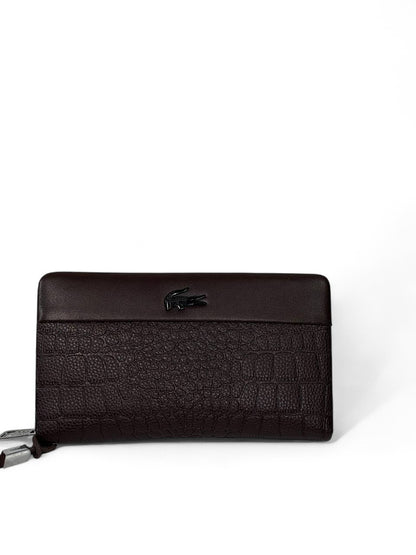 🤎 Lacoste Dark Brown Croc-Texture Leather Clutch – Premium Designer Wristlet