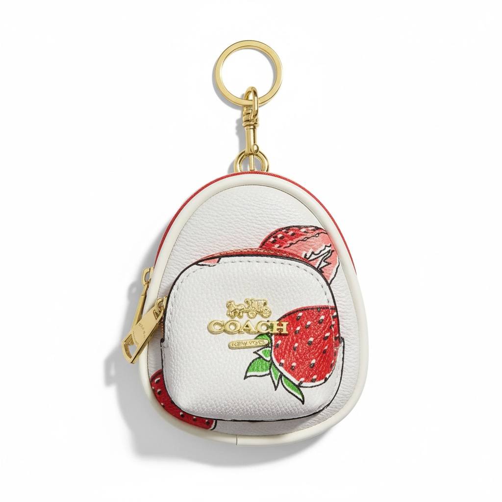 🍓 Coach Mini Strawberry Backpack Keychain – White & Red