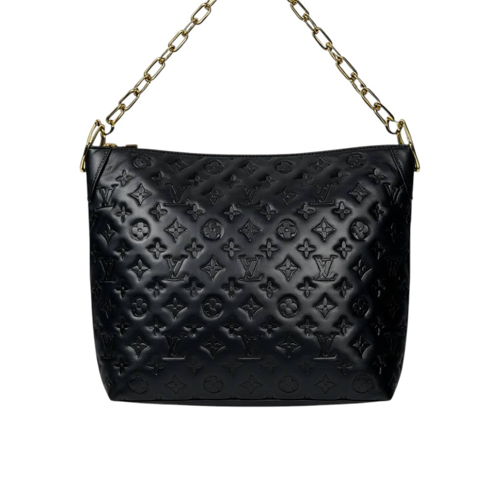 🖤✨ Louis Vuitton Embossed Monogram Tote Bag + Matching Pouch – Black & Gold