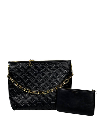 🖤✨ Louis Vuitton Embossed Monogram Tote Bag + Matching Pouch – Black & Gold