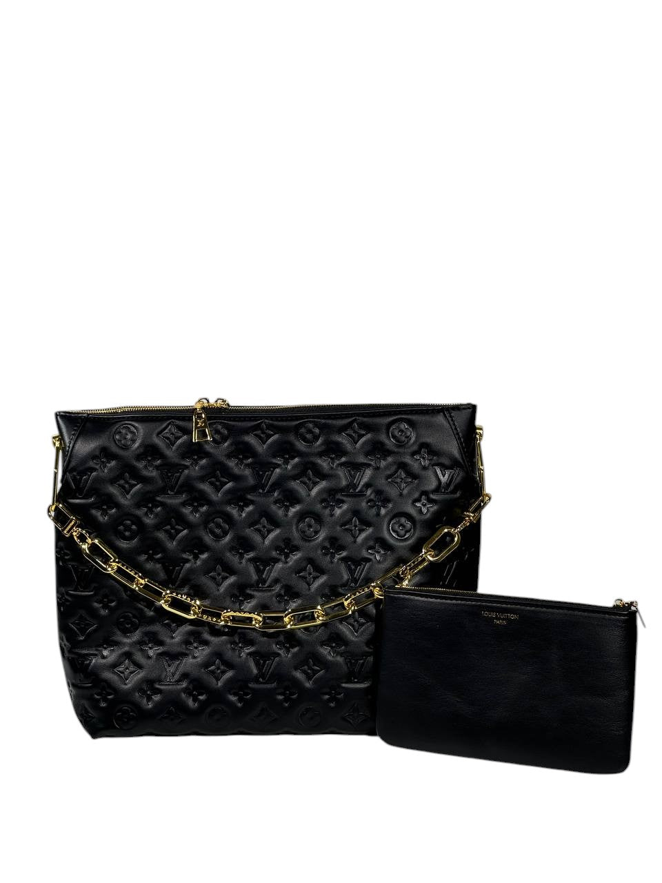 🖤✨ Louis Vuitton Embossed Monogram Tote Bag + Matching Pouch – Black & Gold