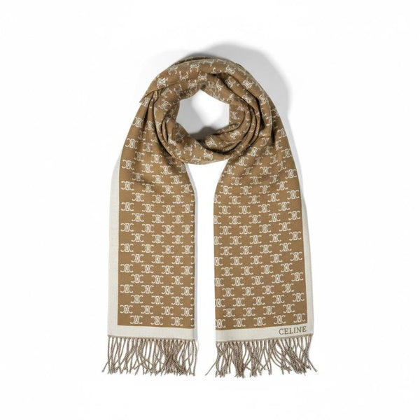 🤎✨ CELINE Double-Face Triomphe Monogram Scarf – Beige & Cream