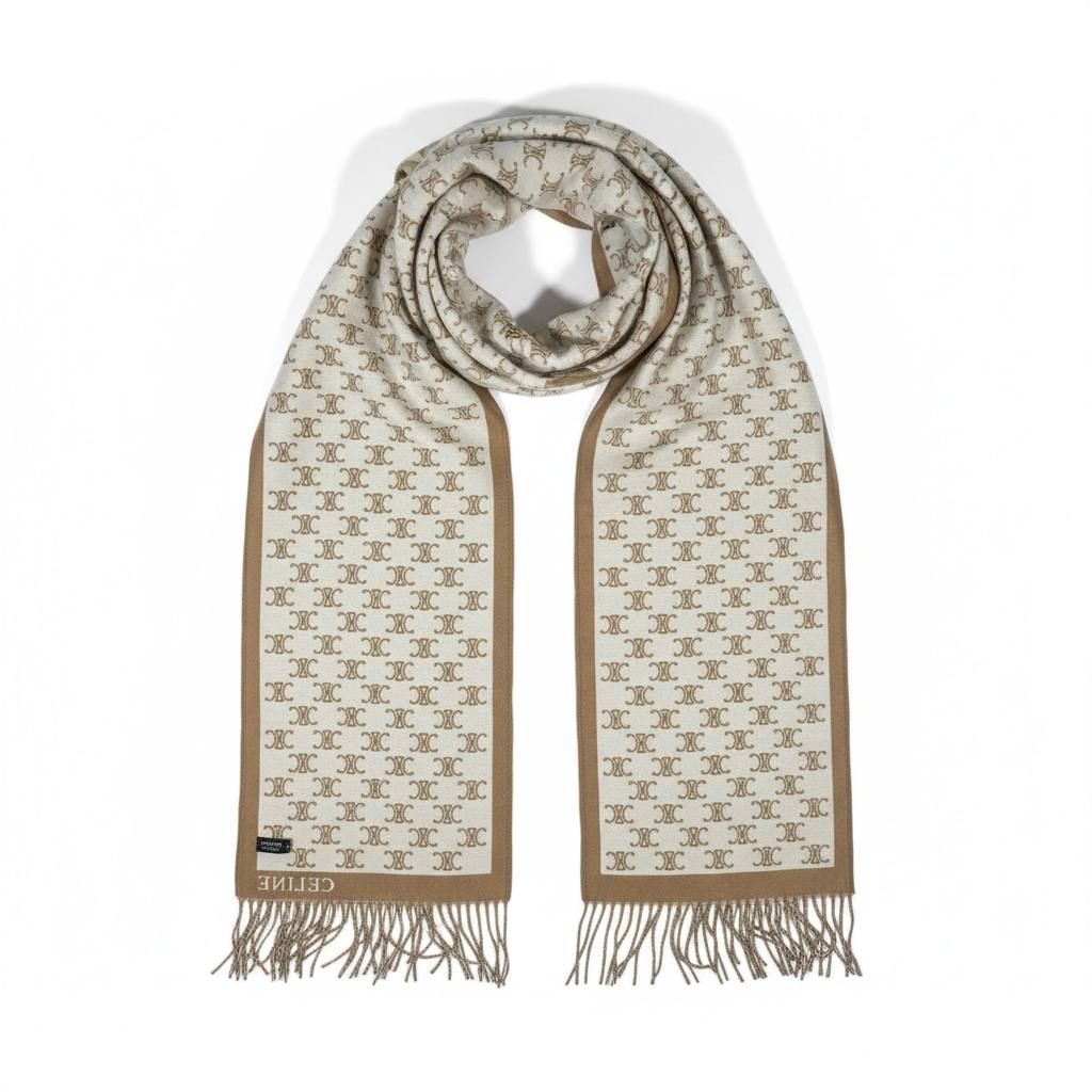 🤎✨ CELINE Double-Face Triomphe Monogram Scarf – Beige & Cream
