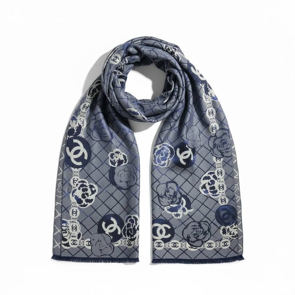 🟦✨ CHANEL Camellia & CC Pattern Luxury Winter Scarf – Blue Elegance