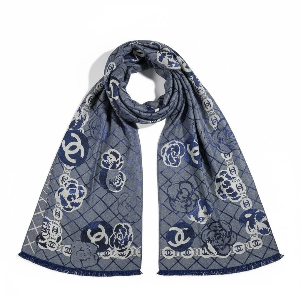 🟦✨ CHANEL Camellia & CC Pattern Luxury Winter Scarf – Blue Elegance