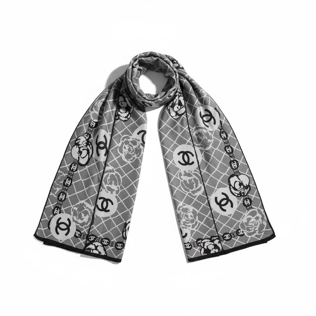 ✨ CHANEL Grey Floral Matrix Scarf – Premium Winter Elegance 🖤🩶