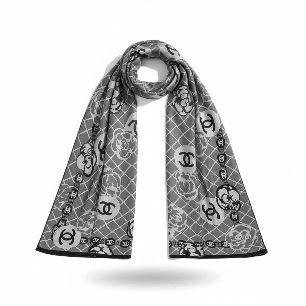 ✨ CHANEL Grey Floral Matrix Scarf – Premium Winter Elegance 🖤🩶
