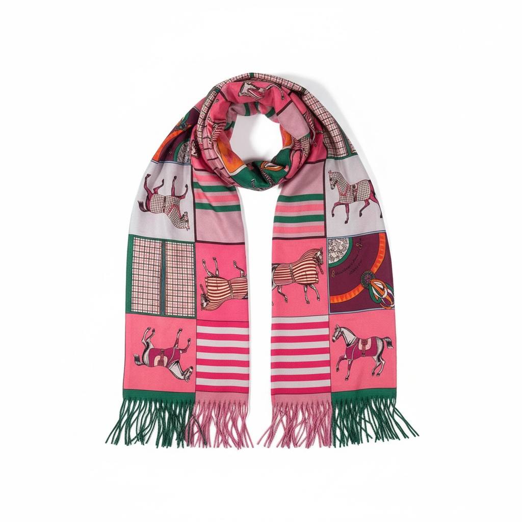 🌸 Hermès-Inspired Pink Patchwork Horse Scarf – Premium Winter Edition