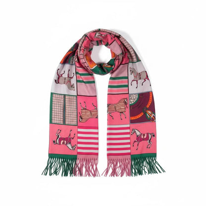 🌸 Hermès-Inspired Pink Patchwork Horse Scarf – Premium Winter Edition