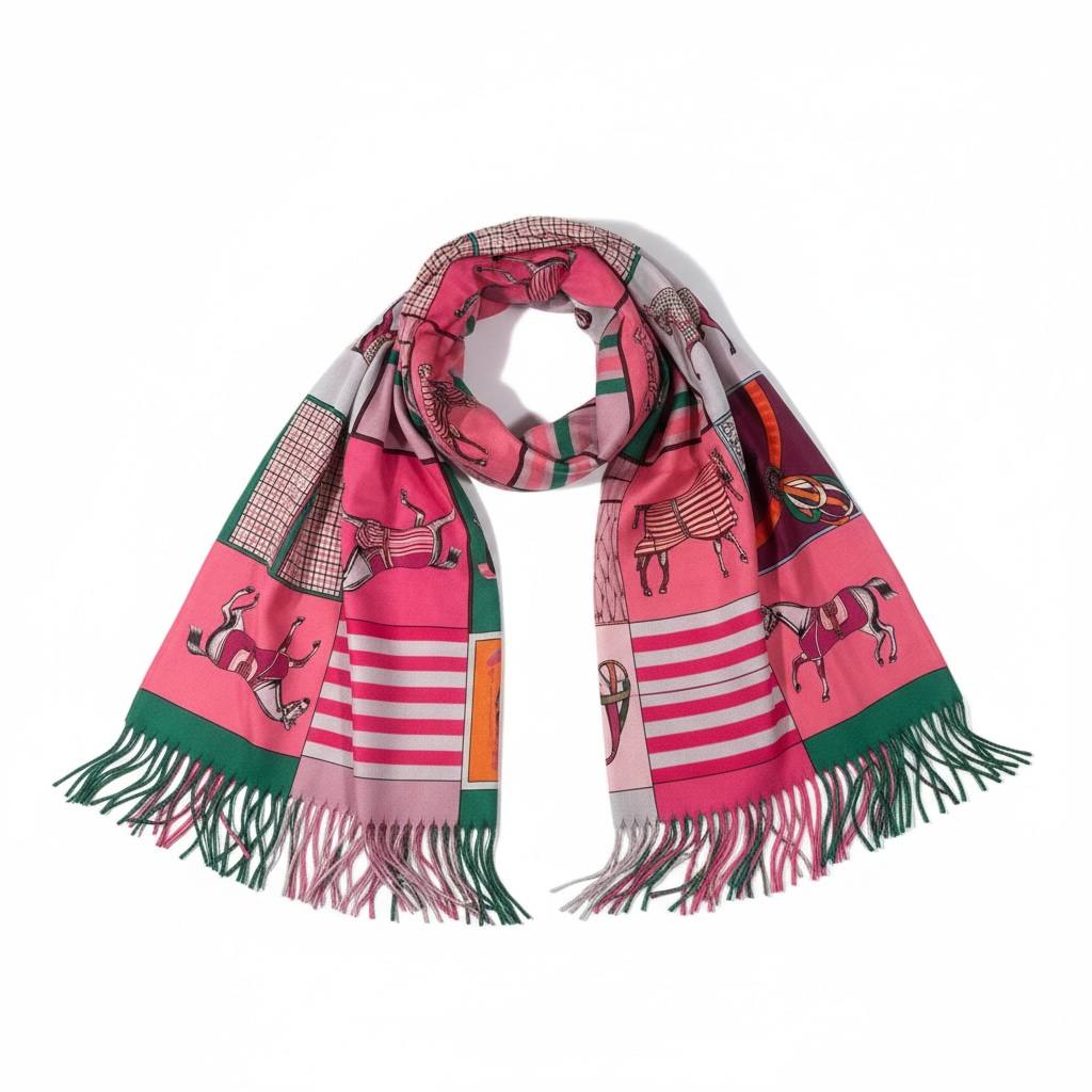 🌸 Hermès-Inspired Pink Patchwork Horse Scarf – Premium Winter Edition