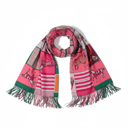 🌸 Hermès-Inspired Pink Patchwork Horse Scarf – Premium Winter Edition