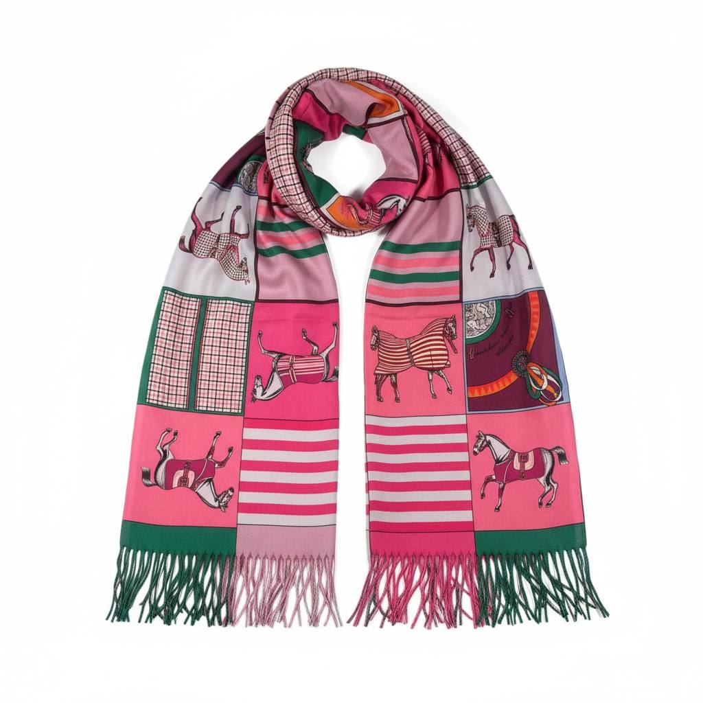🌸 Hermès-Inspired Pink Patchwork Horse Scarf – Premium Winter Edition