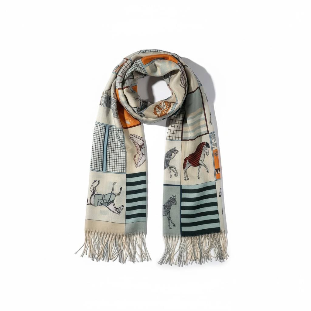 🧣 Hermès Inspired Beige Equestrian Scarf – Premium Winter Elegance