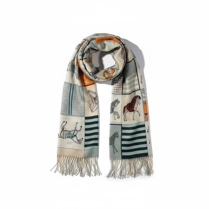 🧣 Hermès Inspired Beige Equestrian Scarf – Premium Winter Elegance