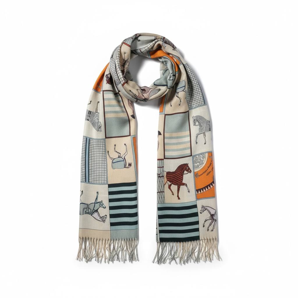 🧣 Hermès Inspired Beige Equestrian Scarf – Premium Winter Elegance