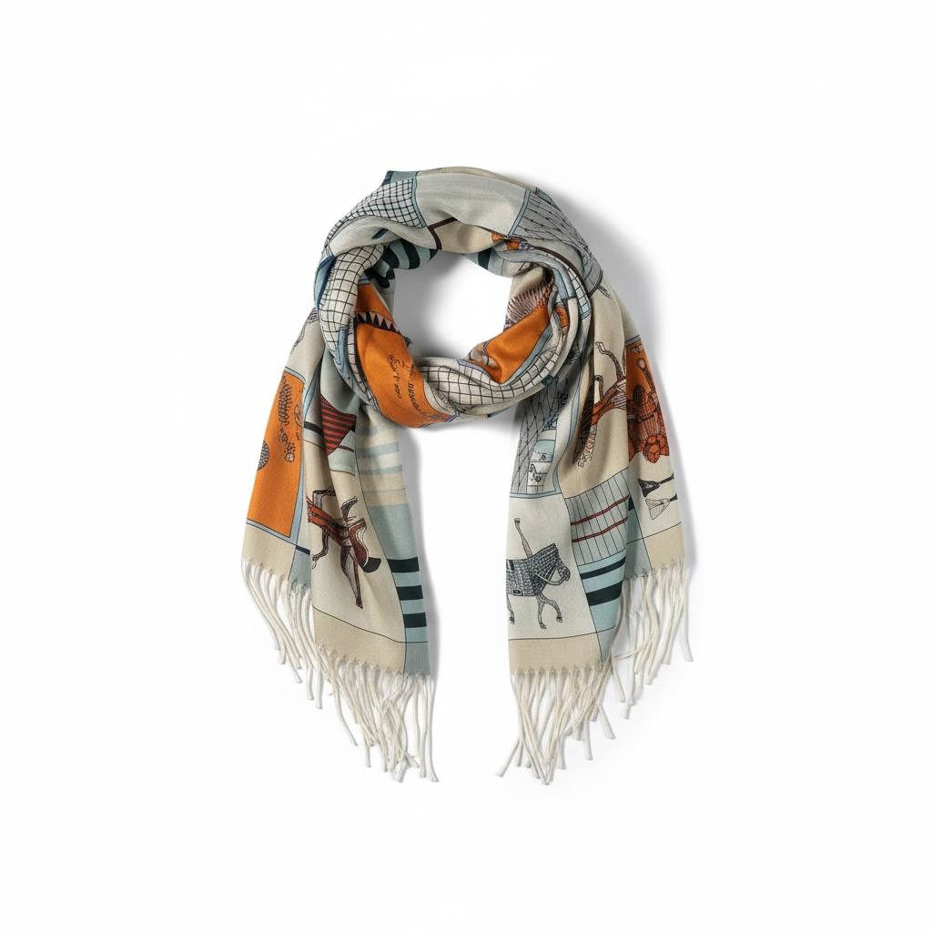 🧣 Hermès Inspired Beige Equestrian Scarf – Premium Winter Elegance