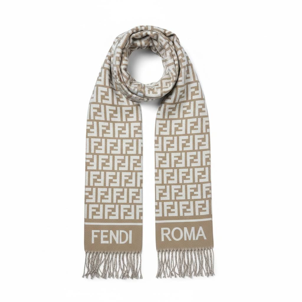 Fendi Inspired Double-Face Reversible Scarf – Beige Monogram & FENDI ROMA Edition 🧣✨ (Unisex Luxury Winter)