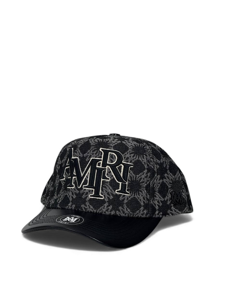 Amiri Monogram Luxury Cap – Black Edition 🧢⚫ (Oversized Embroidered Logo & Leather Brim)