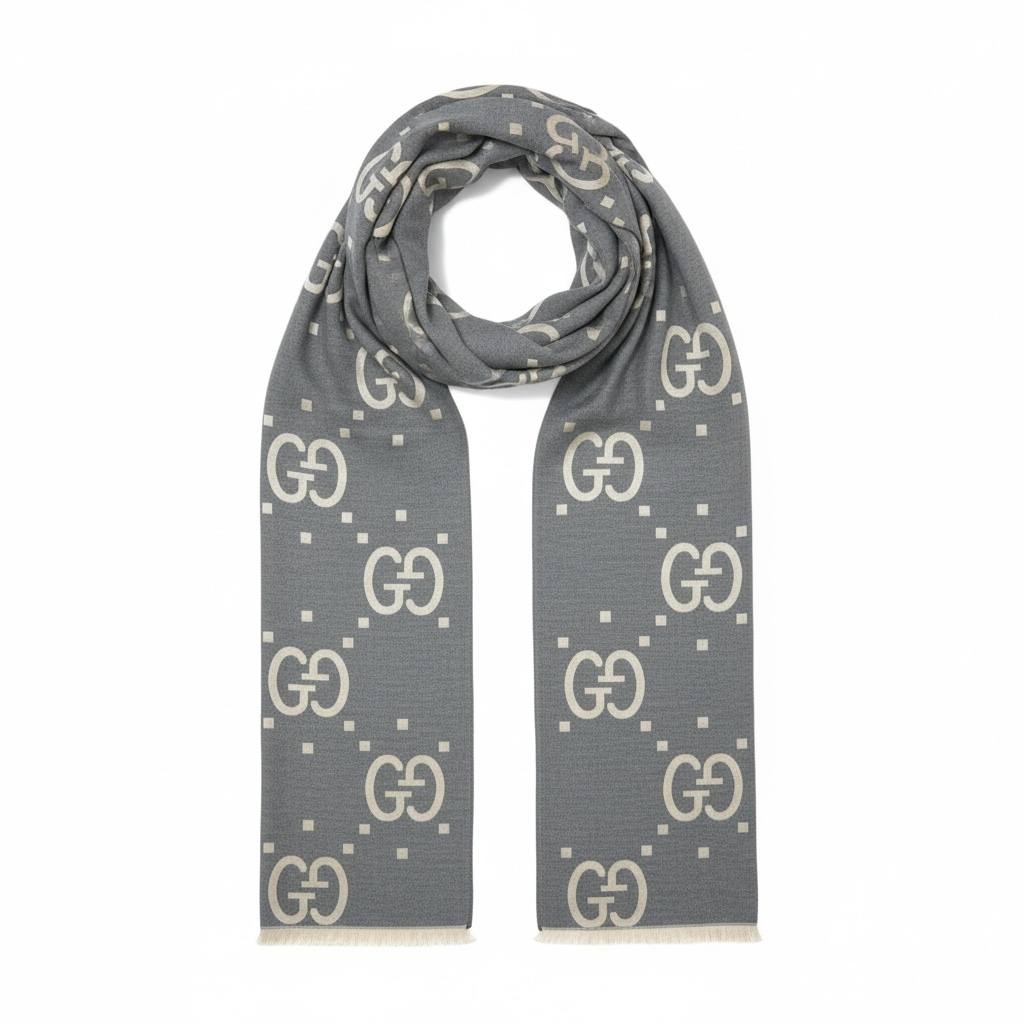 Gucci-Inspired GG Monogram Scarf – Grey Luxury Winter Edition 🩶✨