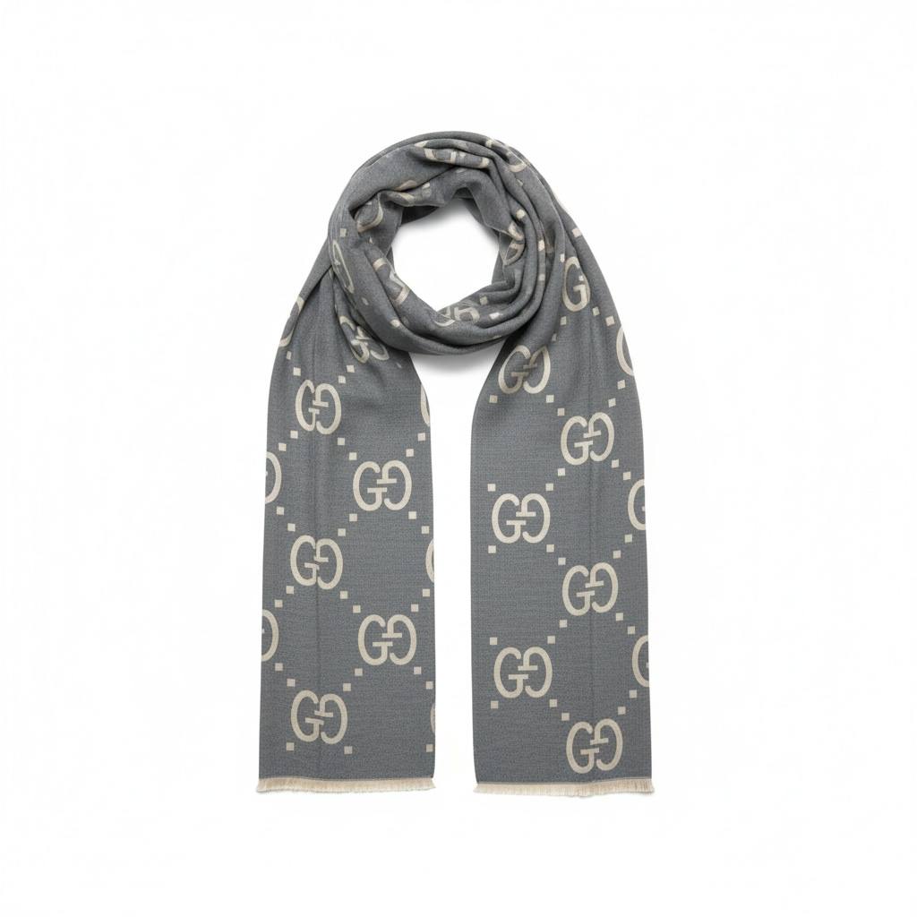 Gucci-Inspired GG Monogram Scarf – Grey Luxury Winter Edition 🩶✨