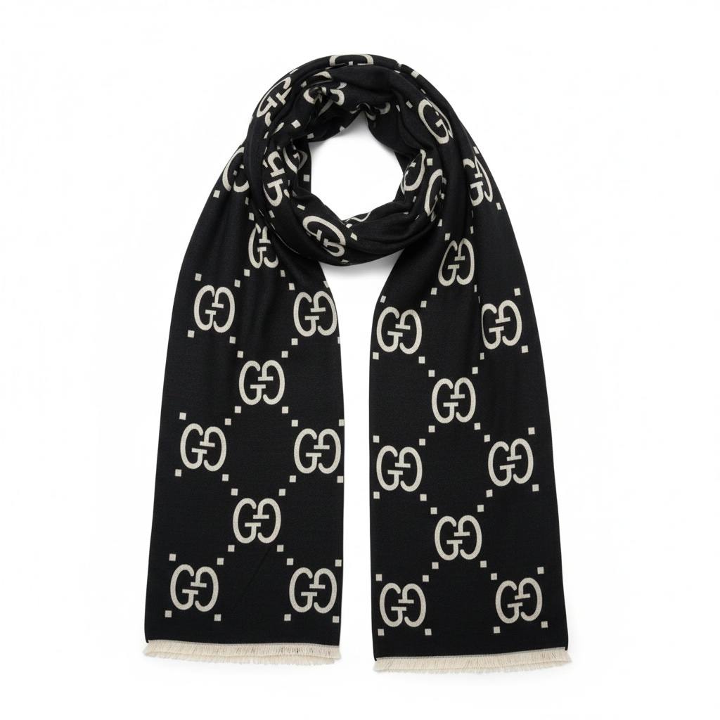 Gucci-Inspired Black GG Monogram Scarf – Classic Luxury Edition 🖤✨