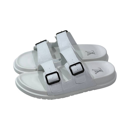 🤍 Louis Vuitton Damier Azur Double-Buckle Slides – Clean Luxury, Timeless Style