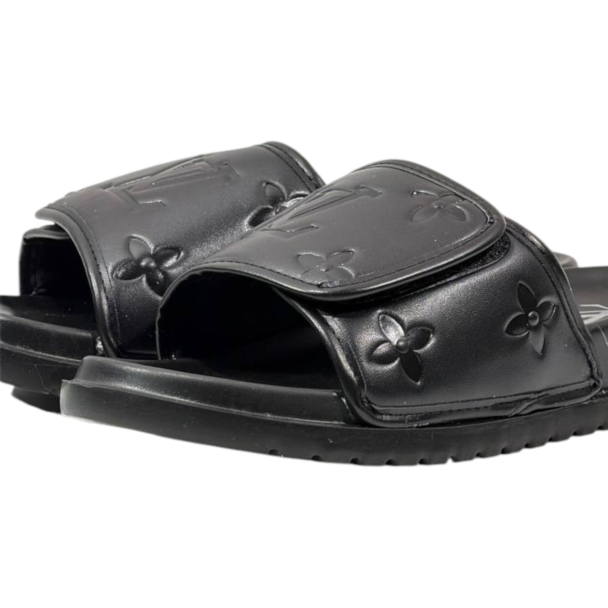 🖤 Louis Vuitton Monogram Embossed Comfort Slides – All Black Edition