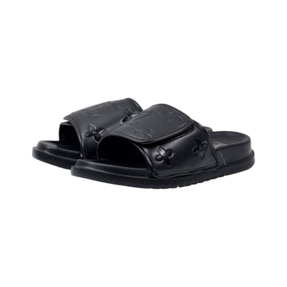 🖤 Louis Vuitton Monogram Embossed Comfort Slides – All Black Edition