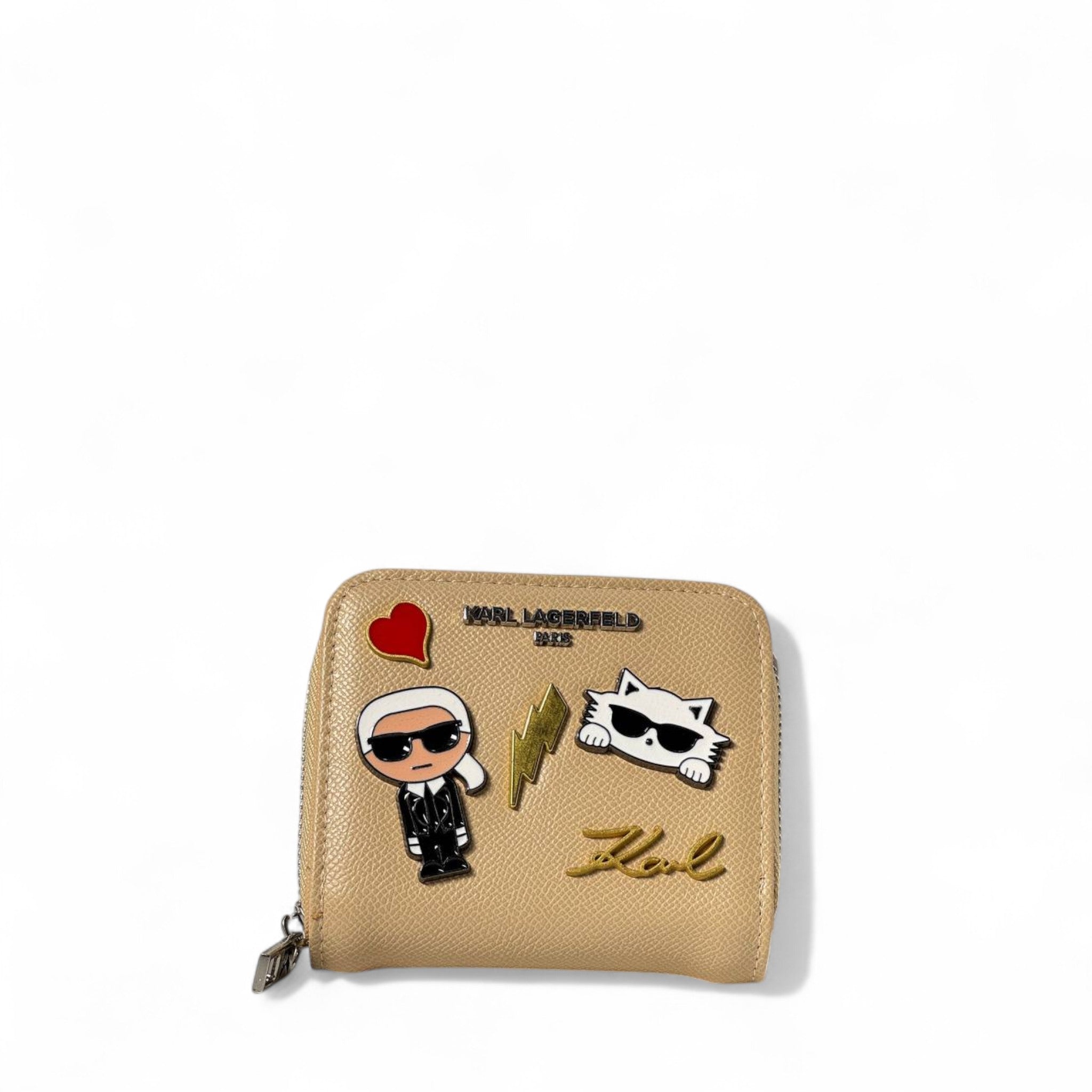 ✨ Karl Lagerfeld Beige Zip Wallet – Signature Karl & Choupette Patches 🕶️🐱