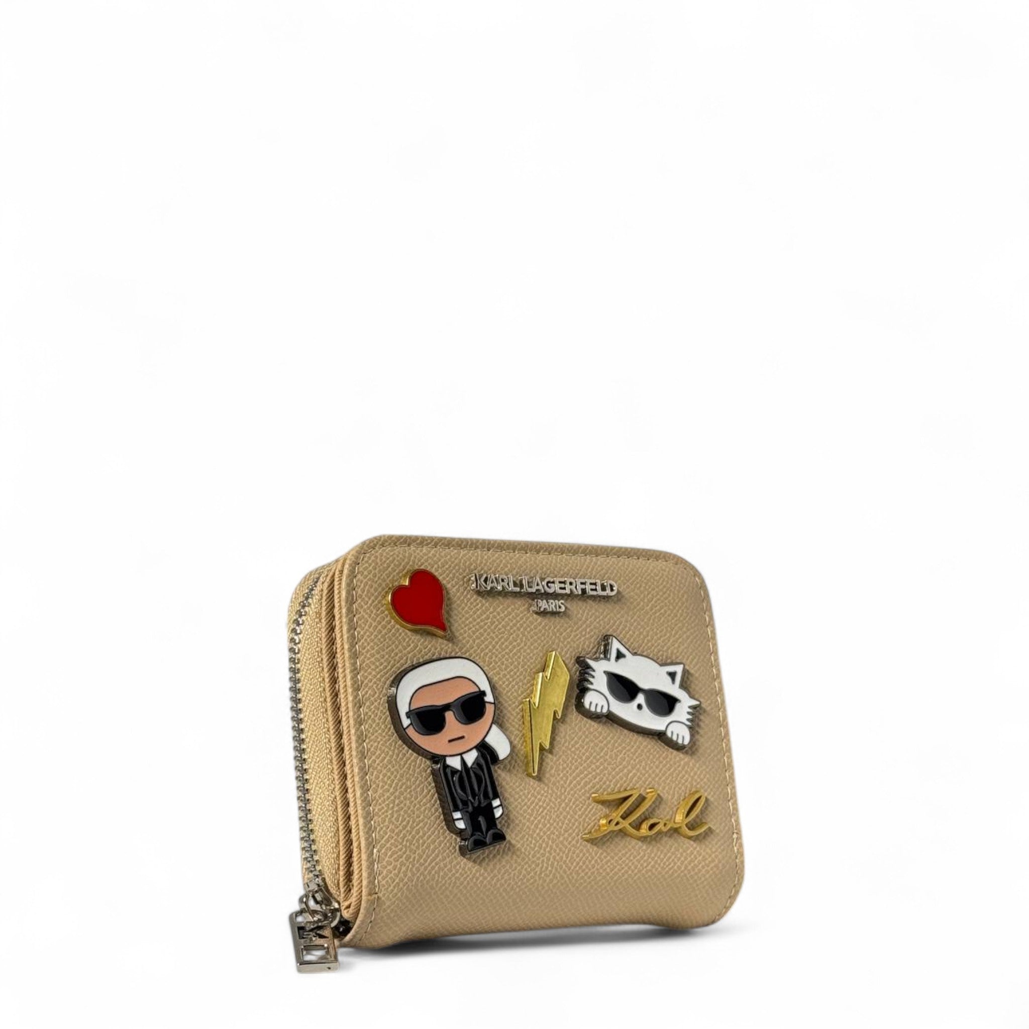 ✨ Karl Lagerfeld Beige Zip Wallet – Signature Karl & Choupette Patches 🕶️🐱