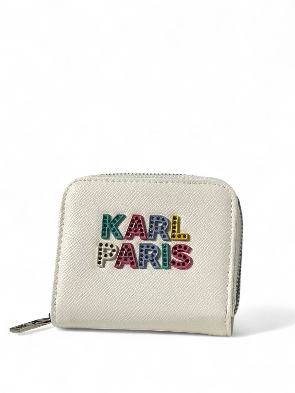 🤍 Karl Lagerfeld White Wallet – Studded Multicolor KARL PARIS Logo 🌈✨