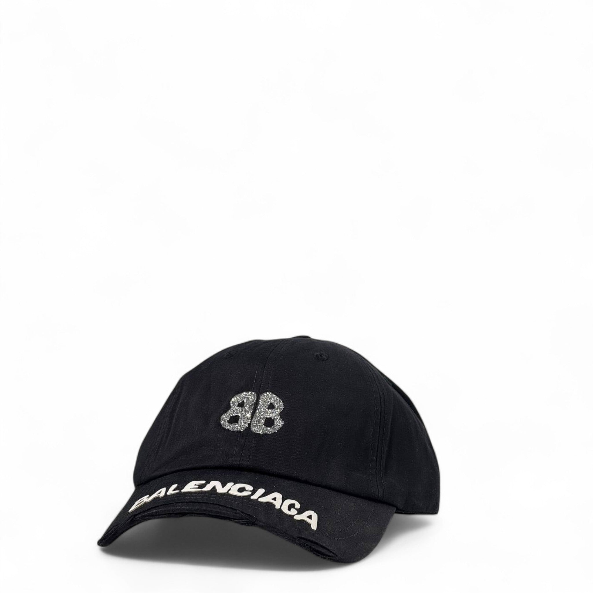 Balenciaga Black Distressed Cap – White Logo BB Edition