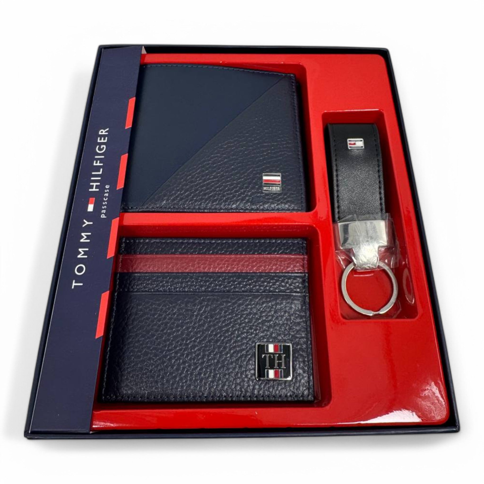 Tommy Hilfiger Navy Blue Leather Wallet & Keychain Gift Set