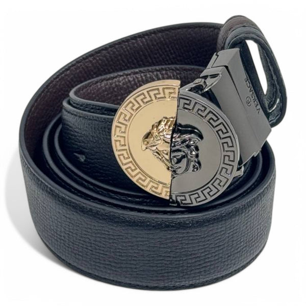 Versace Black Leather Belt – Dual-Tone Medusa Buckle-130cm