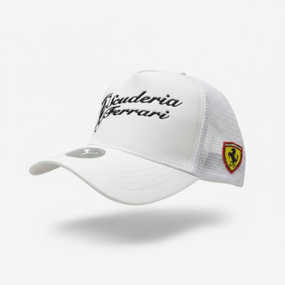 🏎️ Scuderia Ferrari Trucker Cap – White Motorsport Racing Hat