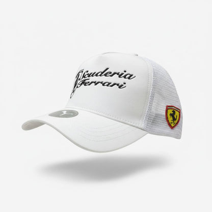 🏎️ Scuderia Ferrari Trucker Cap – White Motorsport Racing Hat