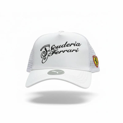 🏎️ Scuderia Ferrari Trucker Cap – White Motorsport Racing Hat