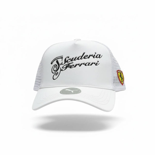 🏎️ Scuderia Ferrari Trucker Cap – White Motorsport Racing Hat