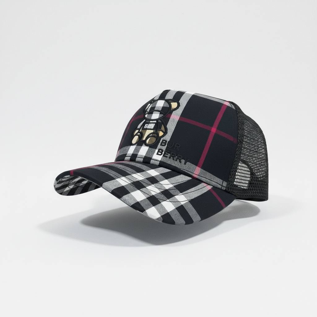 🧸 Burberry Teddy Bear Check Cap – Black Designer Trucker Hat