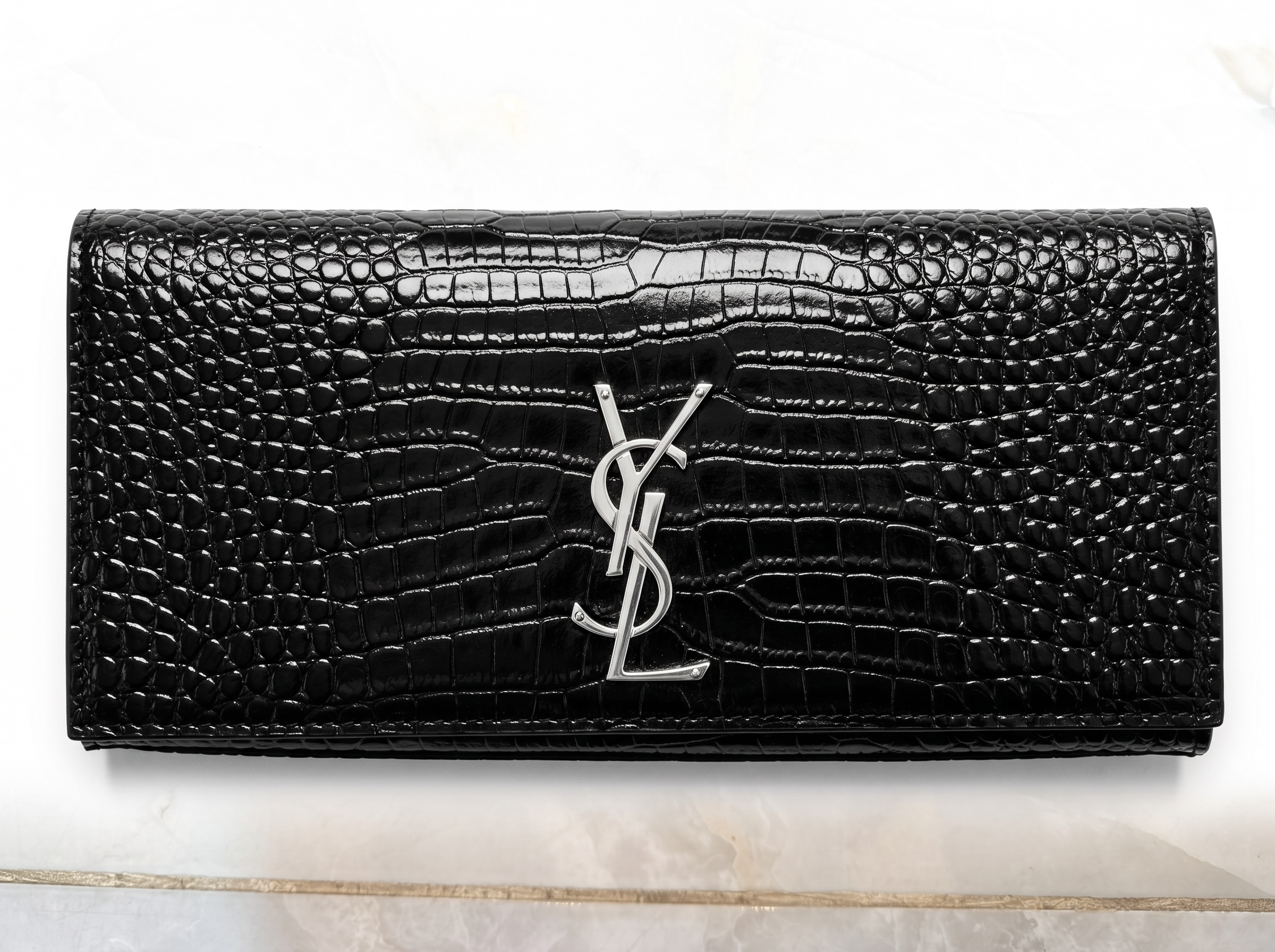 Saint Laurent Black Croc-Embossed Silver YSL Clutch 🖤✨🩶👛🔥
