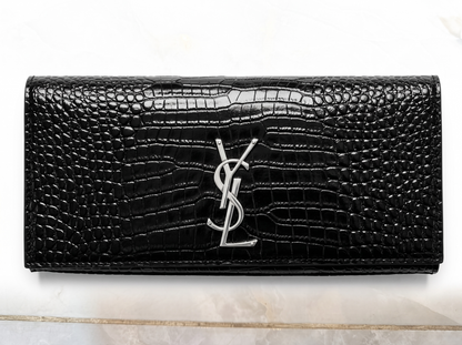 Saint Laurent Black Croc-Embossed Silver YSL Clutch 🖤✨🩶👛🔥