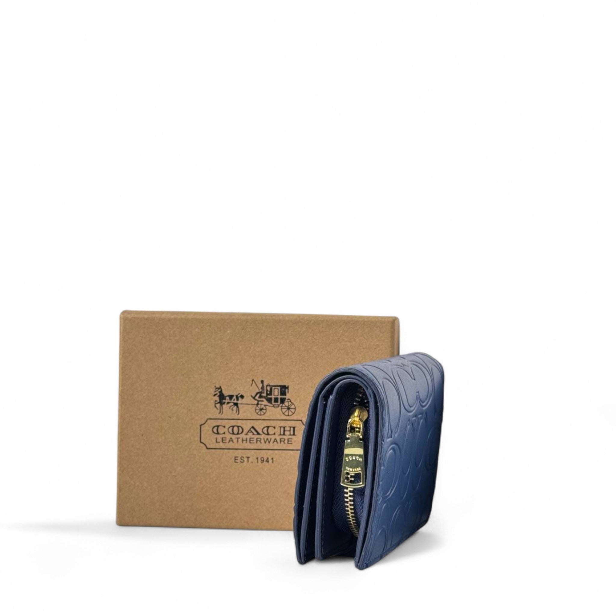 Coach Signature Embossed Leather Wallet – Navy Elegance 💙