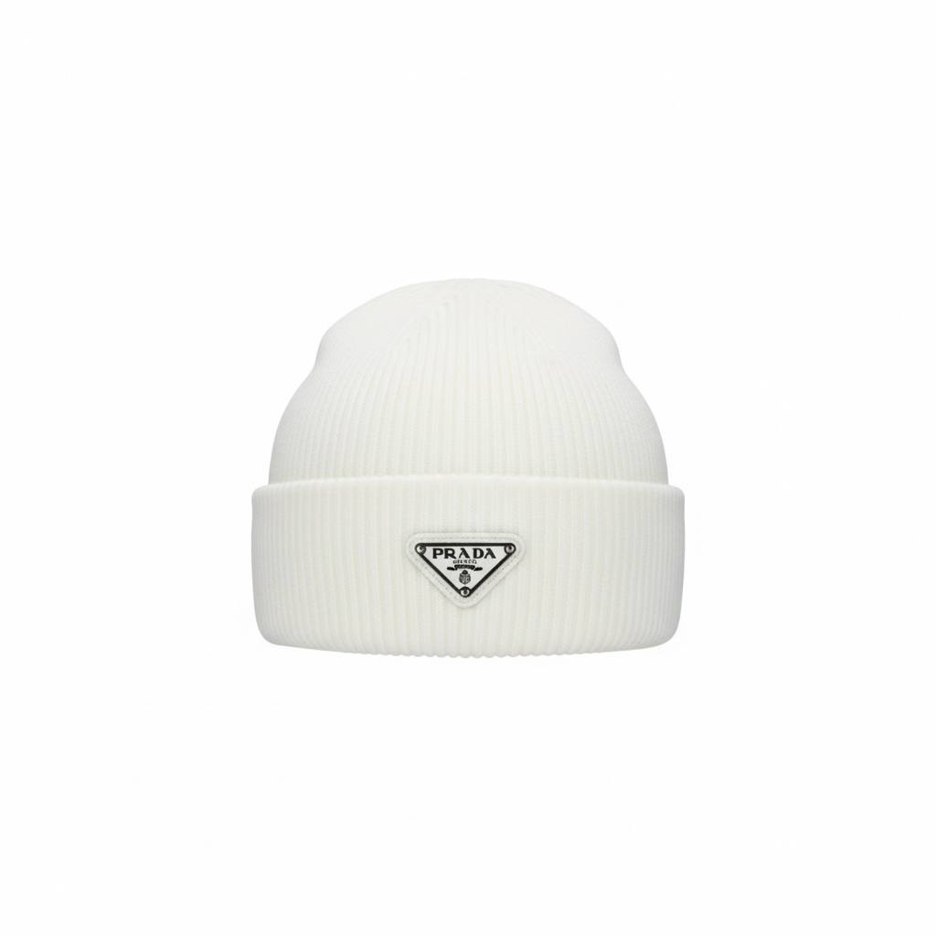 🧢 Prada White Ribbed Logo Beanie – Luxury Winter Essential 🤍✨
