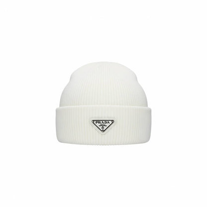 🧢 Prada White Ribbed Logo Beanie – Luxury Winter Essential 🤍✨