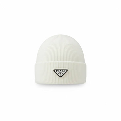 🧢 Prada White Ribbed Logo Beanie – Luxury Winter Essential 🤍✨