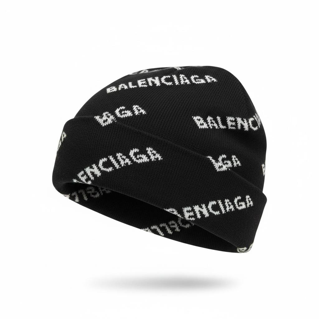 🧢 Balenciaga Black All-Over Logo Beanie – Luxury Streetwear Essential 🖤✨