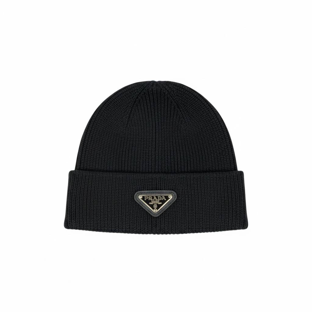 🖤 Prada Triangle Logo Beanie – Black Luxury Winter Knit Hat ❄️✨