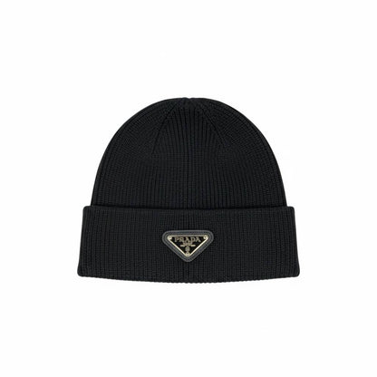 🖤 Prada Triangle Logo Beanie – Black Luxury Winter Knit Hat ❄️✨