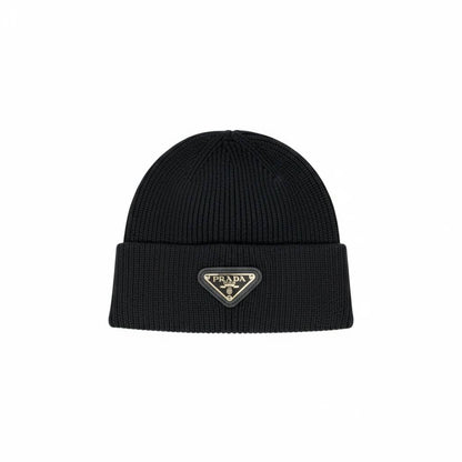 🖤 Prada Triangle Logo Beanie – Black Luxury Winter Knit Hat ❄️✨
