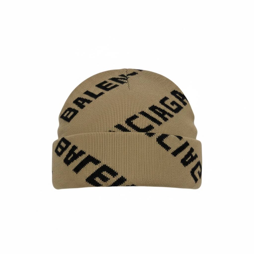 Balenciaga Beige All-Over Logo Beanie 🟫🖤 | Premium Designer Winter Hat | Unisex Streetwear